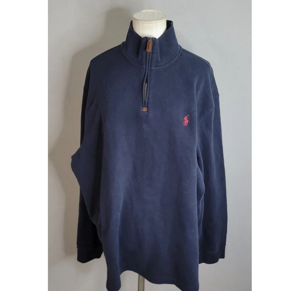 Polo Ralph Lauren 1/4 Zip XXL Navy Blue Cotton Pullover Mens Preppy Classic